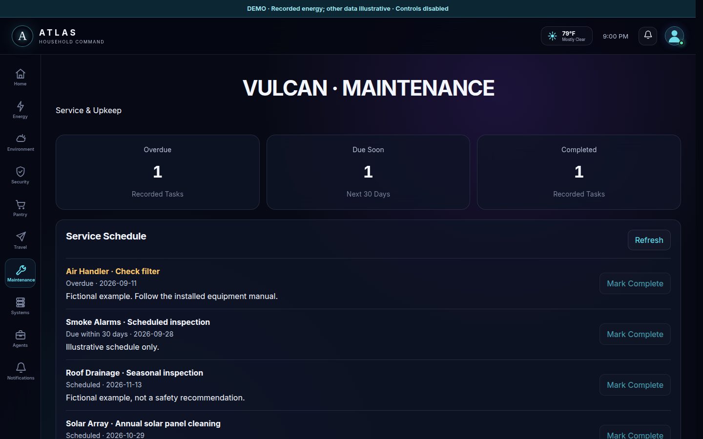 Vulcan maintenance workspace with overdue, due soon, and completed counts and a service schedule