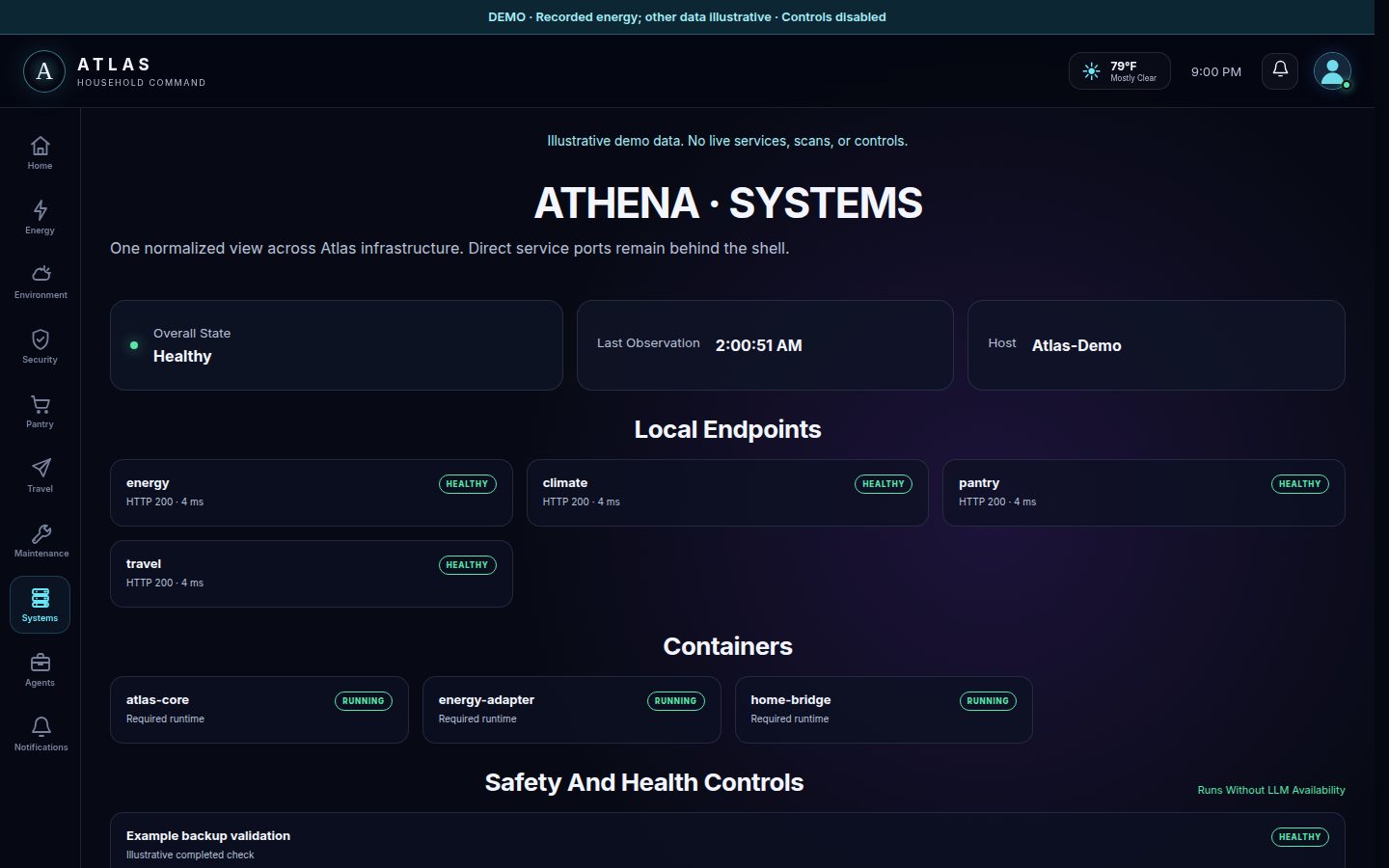 Athena systems workspace listing local endpoints and containers with health badges