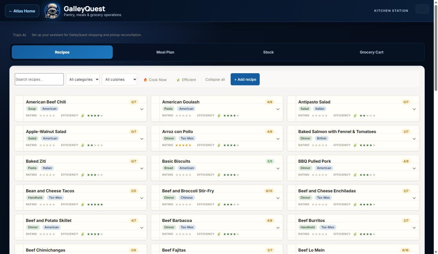 GalleyQuest recipes tab with recipe cards showing readiness and efficiency ratings