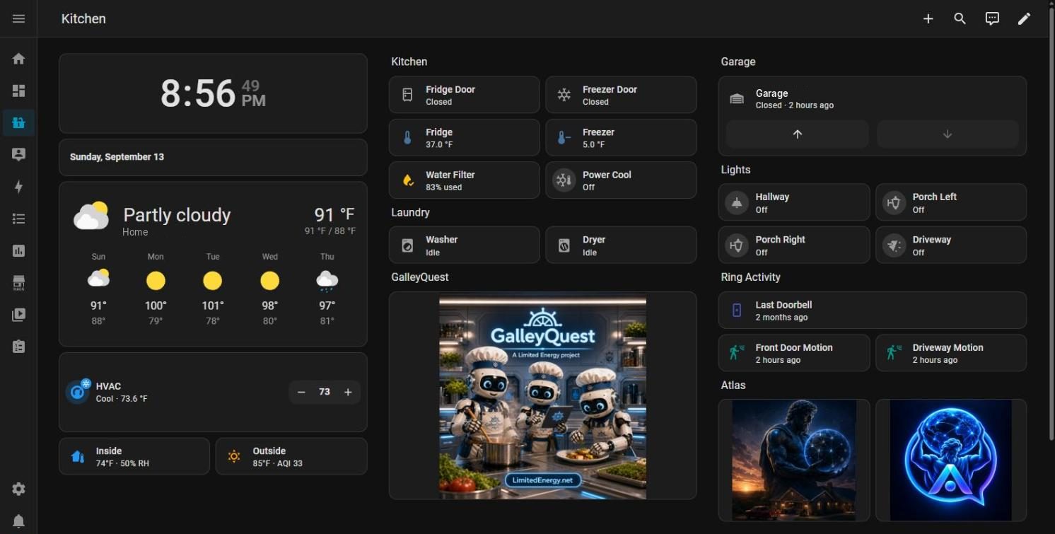 Kitchen tablet dashboard with clock, weather, HVAC, appliance states, garage, lights, and GalleyQuest artwork