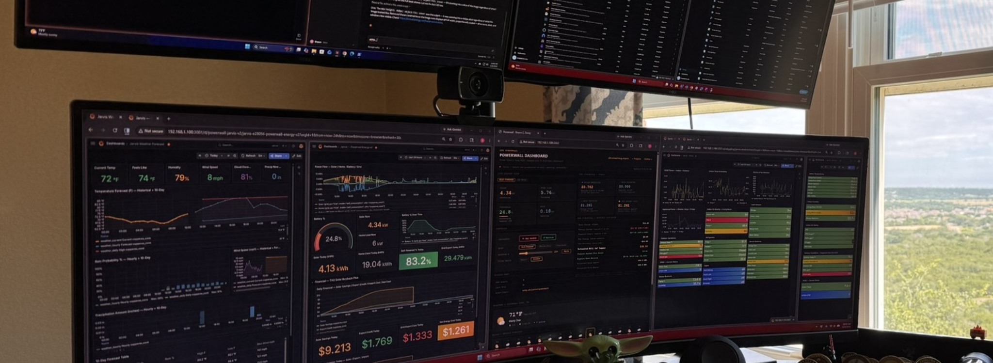Home automation and AI stack — multi-display workstation with live Grafana dashboards and Home Assistant running on a dedicated local server